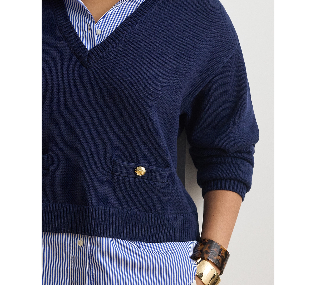 Lauren Ralph Plus Layered Button-Trim Cotton V-Neck Sweater