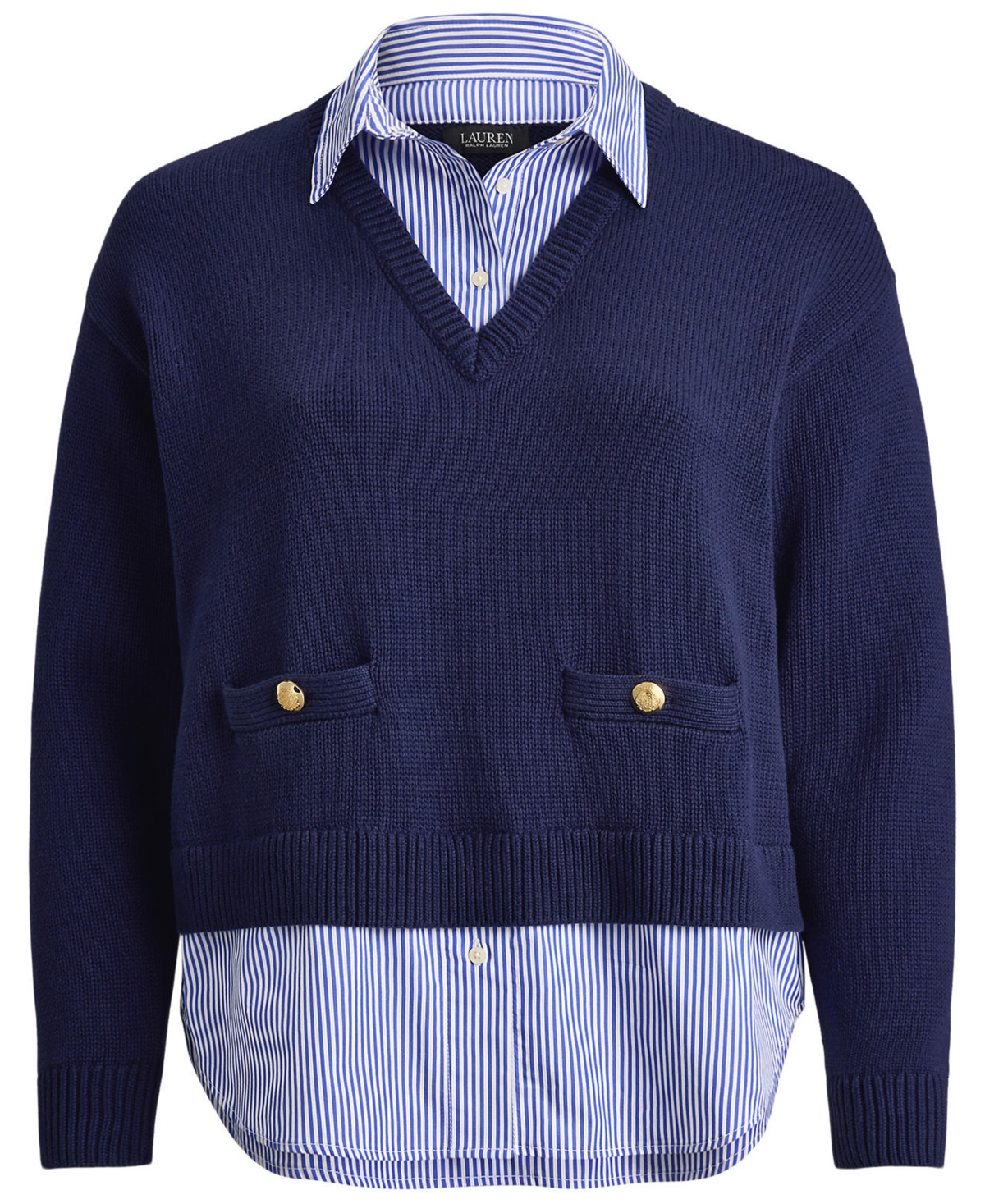 Lauren Ralph Plus Layered Button-Trim Cotton V-Neck Sweater