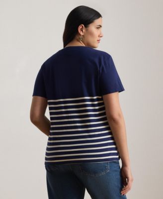 Plus Size Striped Embroidered Logo Jersey Crewneck T-Shirt