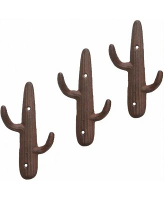 Set of 3 Rustic Cactus Cast Iron Wall Hooks for Coats, Bags, Towels - Easy Install