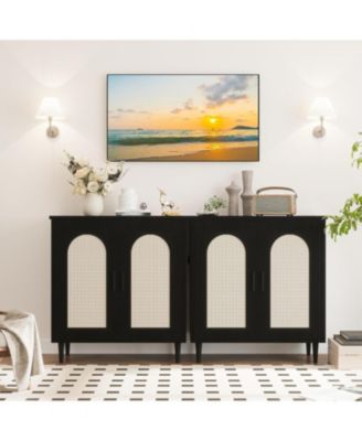 Set of 2 Rattan Sideboard Buffet Cabinet with 2 Doors, Farmhouse Kitchen Storage Cabinet with Adjustable Shelf