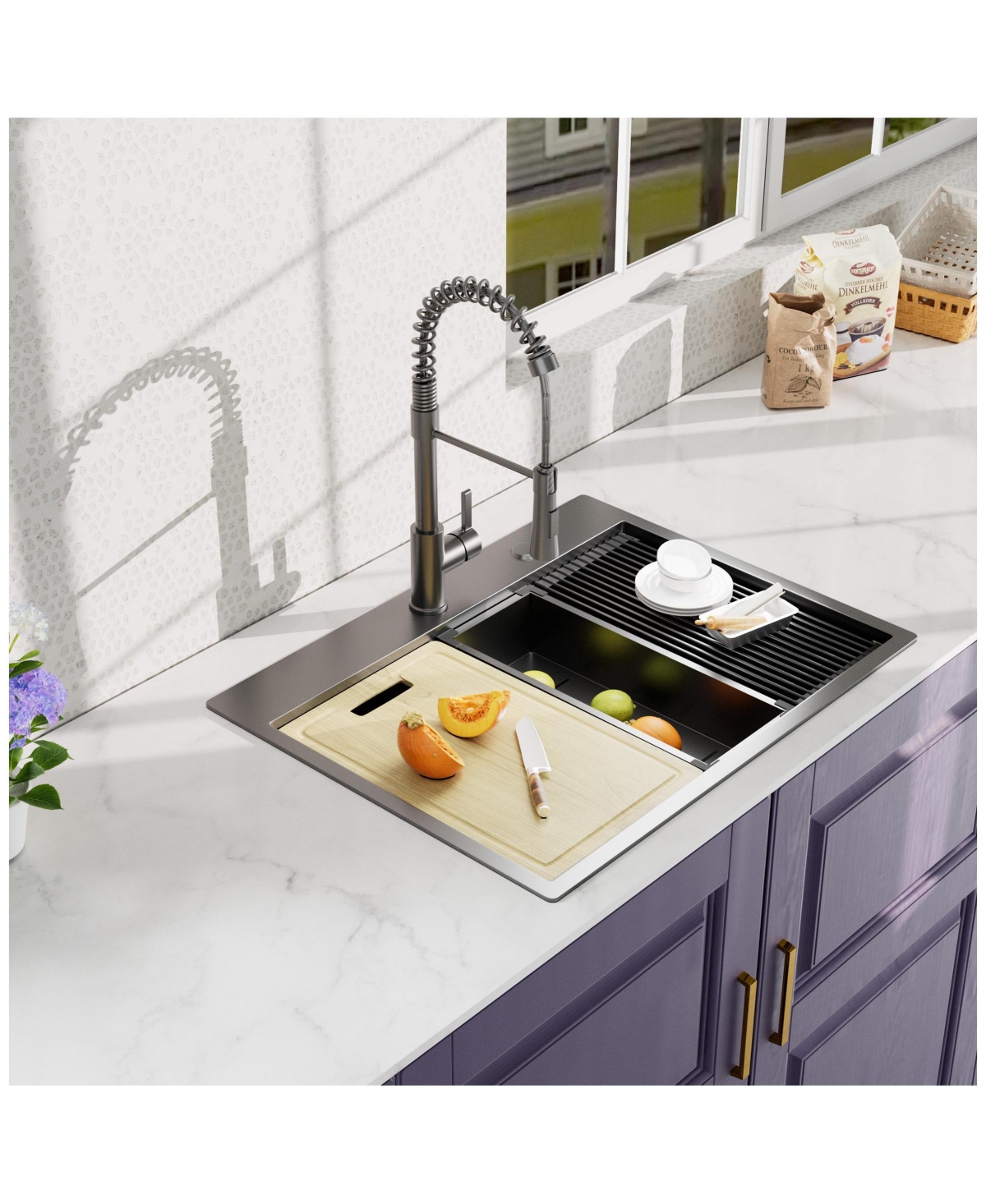 flynama 27x22x10inch Gunmetal Kitchen Sink Topmount Stainless Steel Worksation Single Bowl