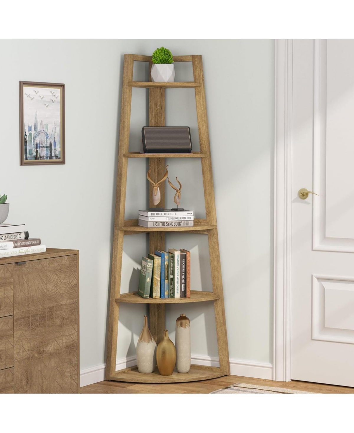 Tribesigns 70 inch Tall Corner Shelf, 5 Tier Modern Corner Bookshelf Bookcase Industrial Corner Ladder Shelf Plant Stand