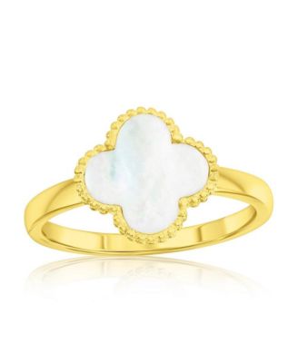Sterling Silver, Mother of Pearl Clover, Beaded Outline Ring - Gold Plated