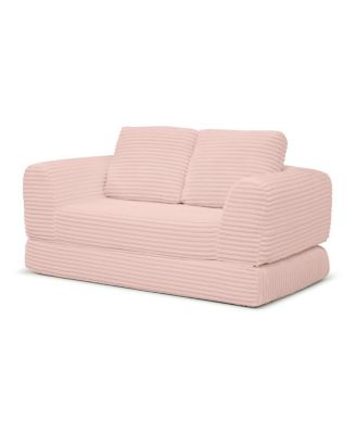 2-in-1 Folding Convertible Sofa Bed, Modern Corduroy Sleeper Couch with 2 Pillows, Pink