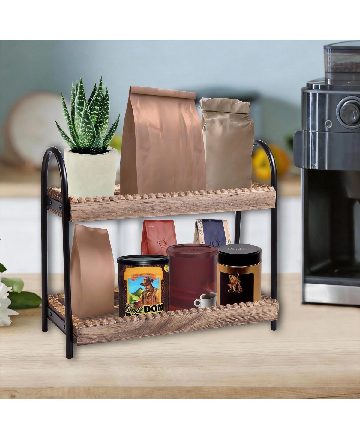 Yigii Wooden Beaded 2-Tier Bathroom Organizer for Cosmetics and Coffee