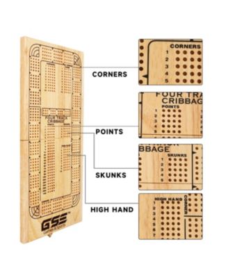 4-Track Wooden Folding Cribbage Board with Playing Card, Metal Pegs and Storage Area for Family Game