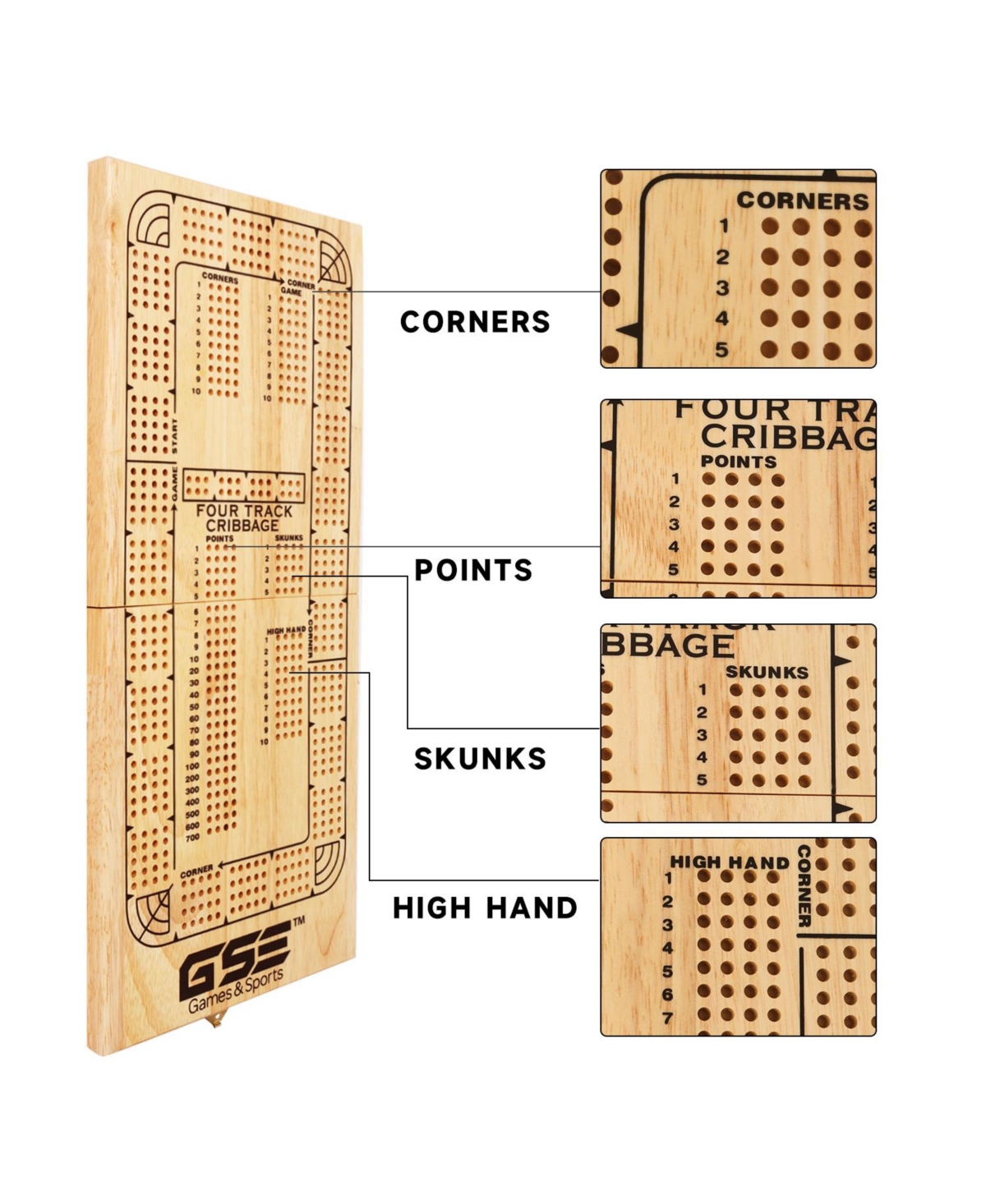 Gse Games & Sports Expert 4-Track Wooden Folding Cribbage Board with Playing Card, Metal Pegs and Storage Area for Family Game