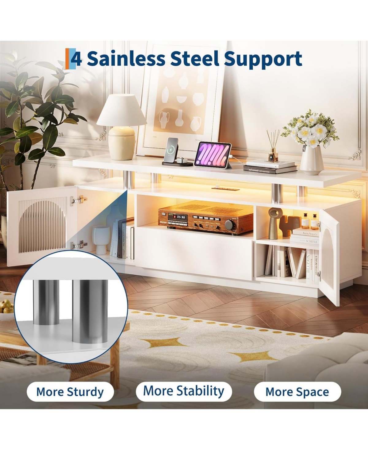 gaomon Tv Stand for 65" Tv with Power Outlets, Usb Ports & Led Lights, Media Console for Living Room or Bedroom