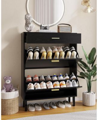 Shoe Storage Cabinet with Dual Flip Drawers, Space-Saving Shoe Organizer for Entryway, Hallway, or Mudroom, Hidden Shoe Rack Cupboard