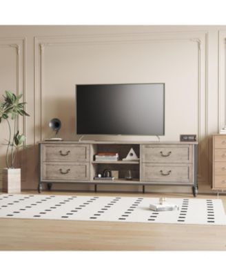 Large TV Stand for 70-75 Inch TVs, Mid Century Modern Entertainment Center with 4 Drawers & 2 Open Shelves, Grey