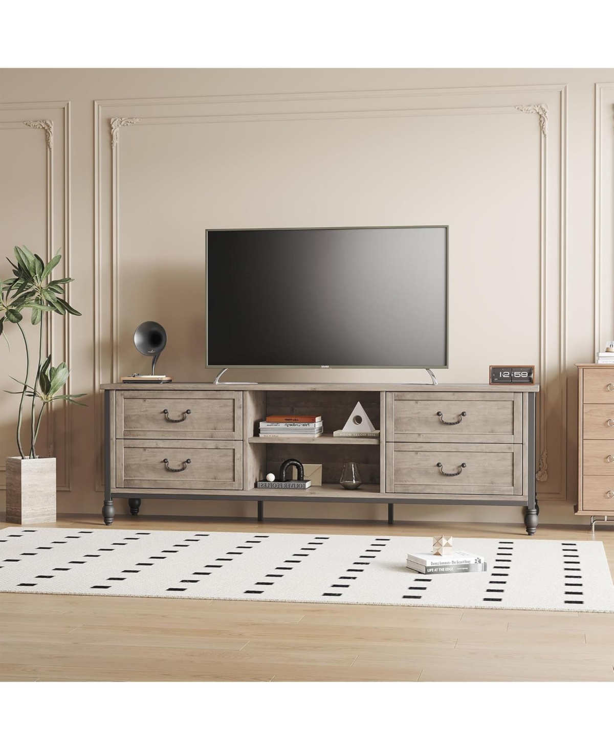 gaomon Large Tv Stand for 70-75 Inch TVs, Mid Century Modern Entertainment Center with 4 Drawers & 2 Open Shelves, Grey