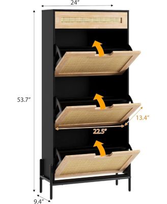Rattan Storage Cabinet with 3 Flip Drawers, Freestanding Entryway Shoe Storage, Narrow Shoe Cabinet with Metal Legs for Entrance