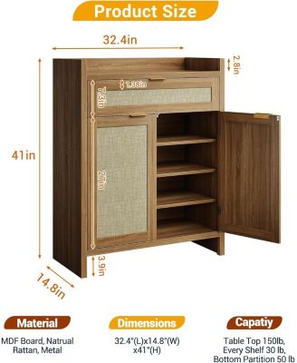 Modern Rattan Shoe Cabinet with Drawer & Doors, Adjustable Shelf Accent Storage for Entryway