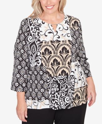 Plus Size Classic Geometric Scroll Patchwork Split Neck Top