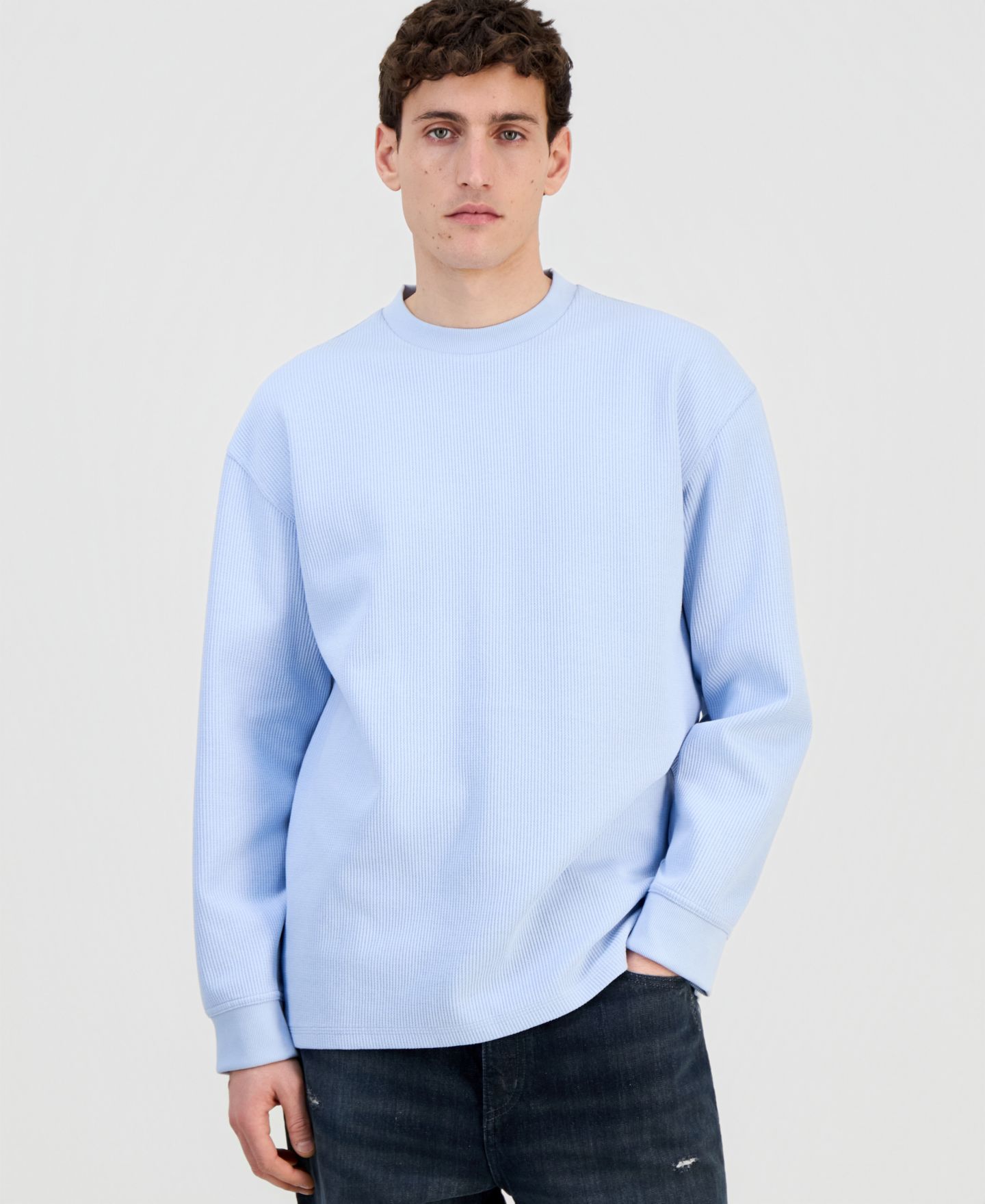 Мужская футболка Hugo Boss Hugo by Waffled Jersey Long-Sleeve T-Shirt, цвет: Светлый синий — фото 1