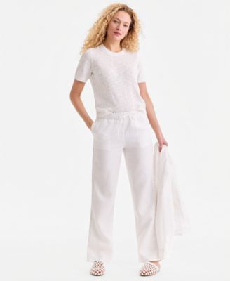 Women's 100% Linen Eyelet-Trim Pull-On Pants