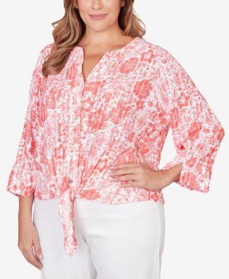 Plus Size Printed Eyelet Gauze Tie Front Top