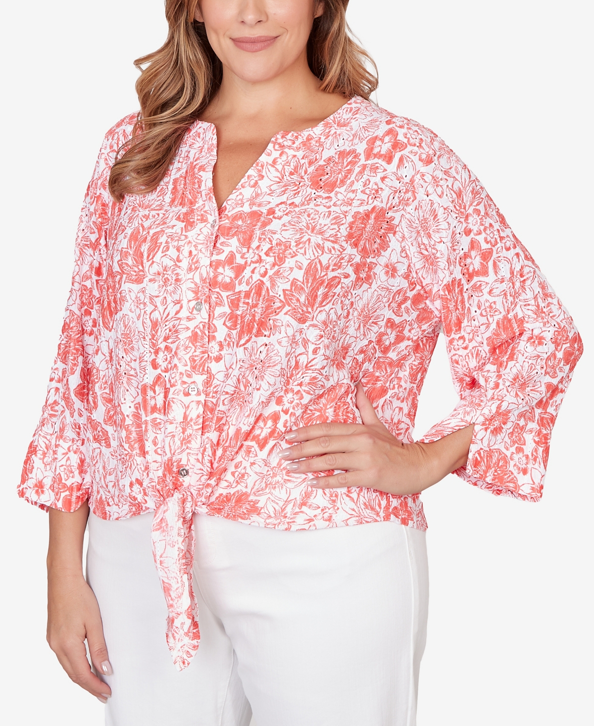 Hearts Of Palm Plus Printed Eyelet Gauze Tie Front Top