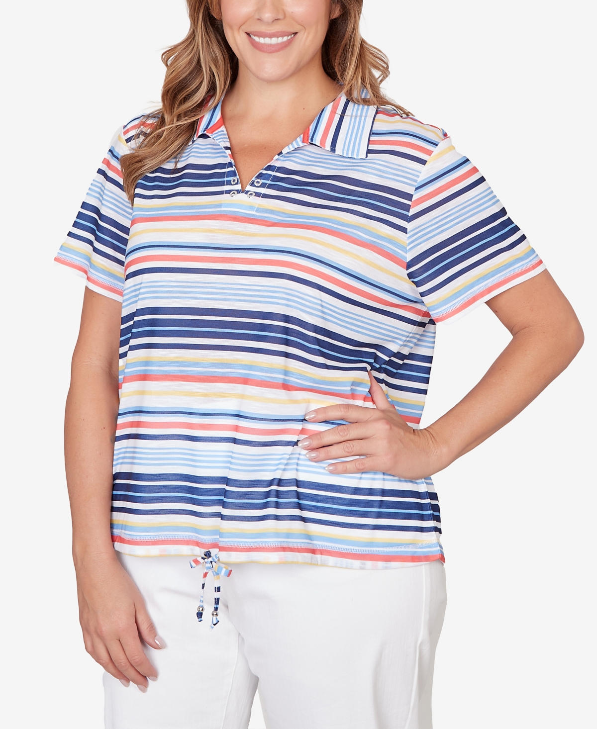 Hearts Of Palm Plus Printed Short Sleeve Polo Blouson Top