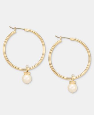 Gold-Tone Glass Pearl Drop Hoop Earrings