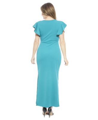 Women's Solid V-Neck Tulip Hem Ruffle Sleeve Faux Wrap Maxi Dress