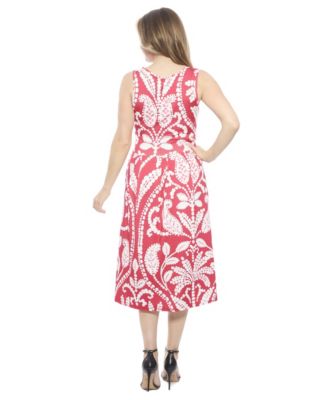 Women's Paisley V-Neck Sleeveless Pleated Pocket Midi Fit N Flare Dress