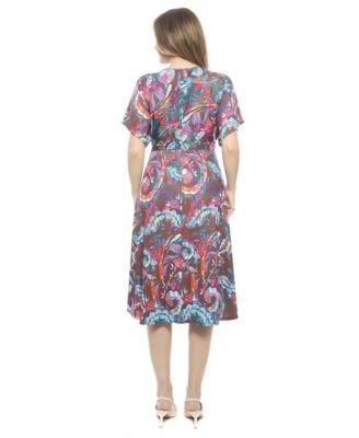 Women's Abstract V-Neck Short Dolman Sleeve Twist Front A-Line Midi Dress