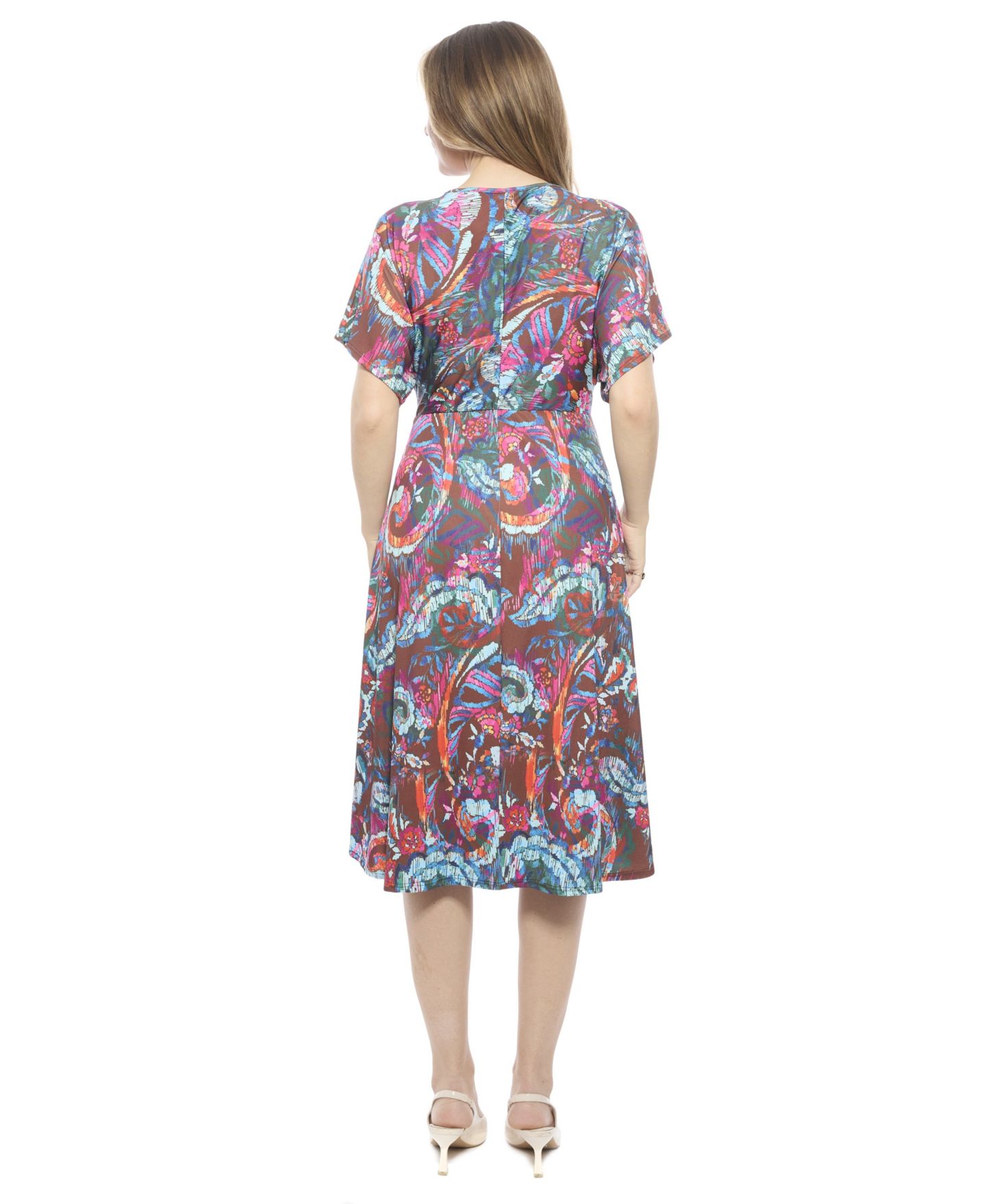 Женское платье 24seven Comfort Apparel Abstract V-Neck Short Dolman Sleeve Twist Front A-Line Midi, цвет: С принтом — фото 3