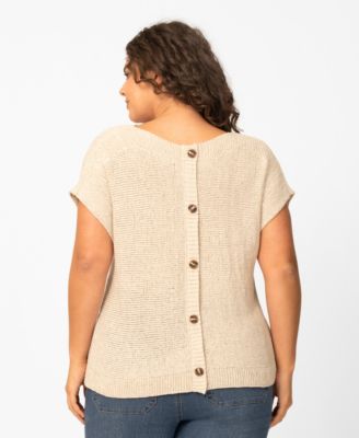 Plus Size Button Back Tape Yarn Short-Sleeve Knit Sweater