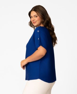 Plus Size Vertical Rib Button Short-Sleeve Sweater