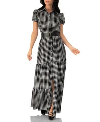 Women's Check Maxi Dress with Puff Sleeves
