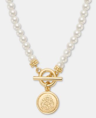 Gold-Tone Glass Pearl Coin Pendant Necklace