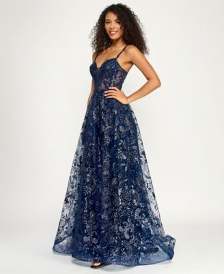 Juniors' Sleeveless Illusion Bodice Gown