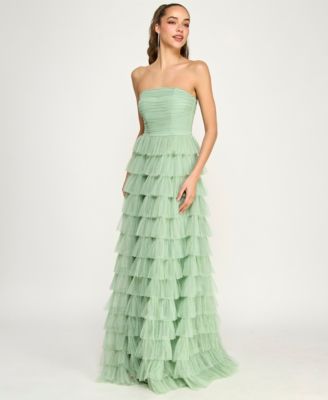 Juniors' Strapless Ruffle Mesh Gown