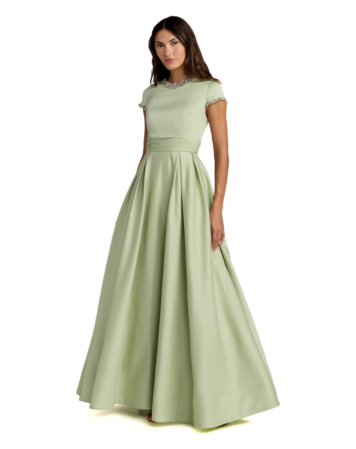Petite Embellished Satin Cap Sleeve Ball Gown