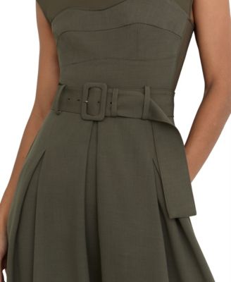 Women's Mesh-Panel Belted Pleated Midi Dress
