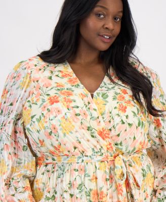 Plus Size Floral Chiffon Faux-Wrap Balloon-Sleeve Dress