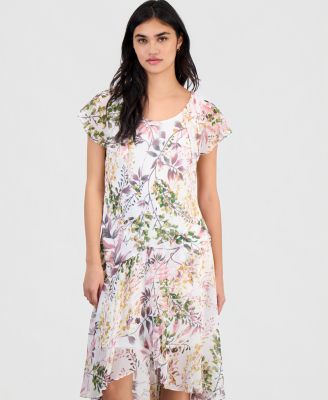 Petite Floral Flutter-Sleeve Midi Dress