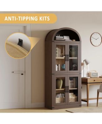 71.6" Arched Display Cabinet, 5-Tier Arched Bookcase with Glass Doors, Bookshelf, Kitchen Pantry, Modern Fluted Wooden Storage