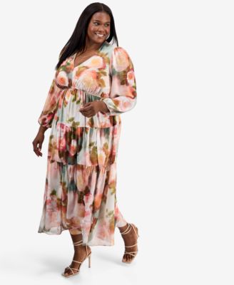 Plus Size Printed Balloon-Sleeve Tiered Dress