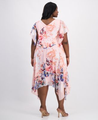 Plus Size Flutter-Sleeve Handkerchief-Hem Midi Dress