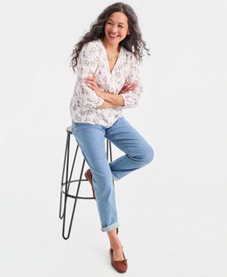 Women's Cotton Gauze Printed V-Neck Blouse