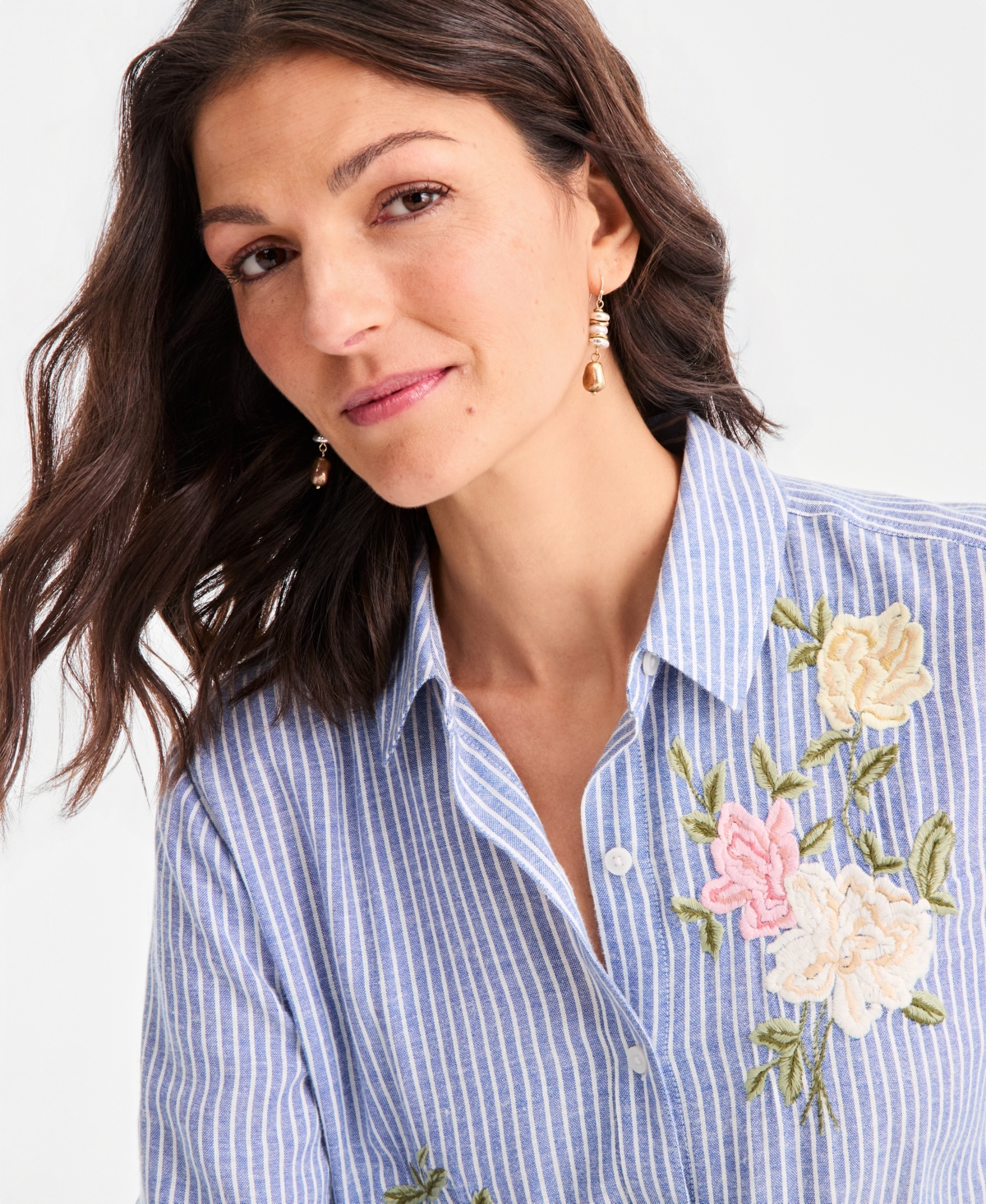 Style & Co Women's Embroidered Stripe Perfect Shirt, Macy's Exclusive