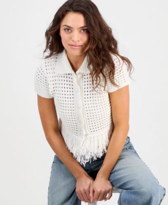Petite Short-Sleeve Johnny-Collar Fringe Sweater