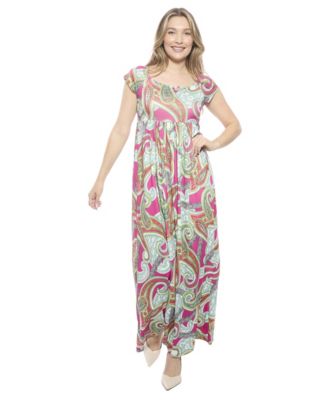 Women's Paisley Square Neck Cap Sleeve Pleated A-Line Maxi Dress