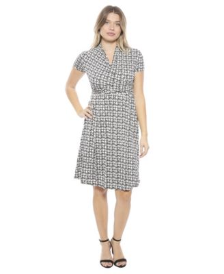 Women's Geometric V-Neck Short Sleeve Faux Wrap Knee Length A-Line Dress