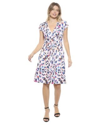 Women's Abstract V-Neck Cap Sleeve Knee Length A-Line Pocket Dress