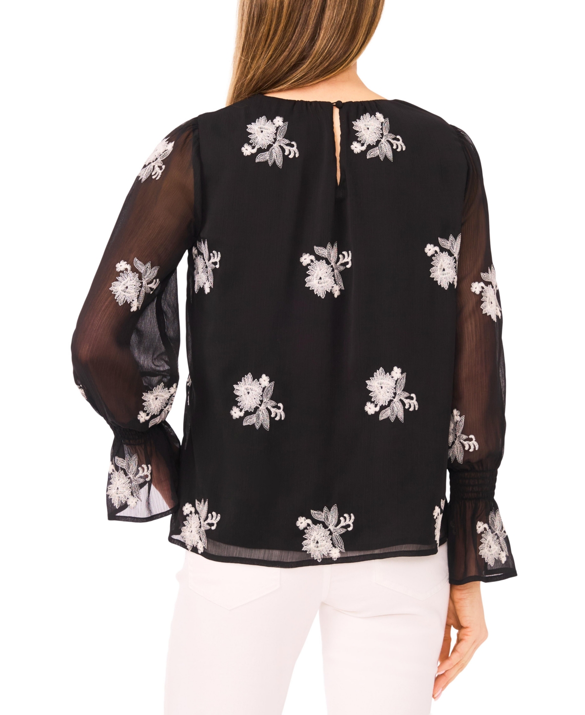CeCe Women's Floral Print Smocked Cuff Blouse