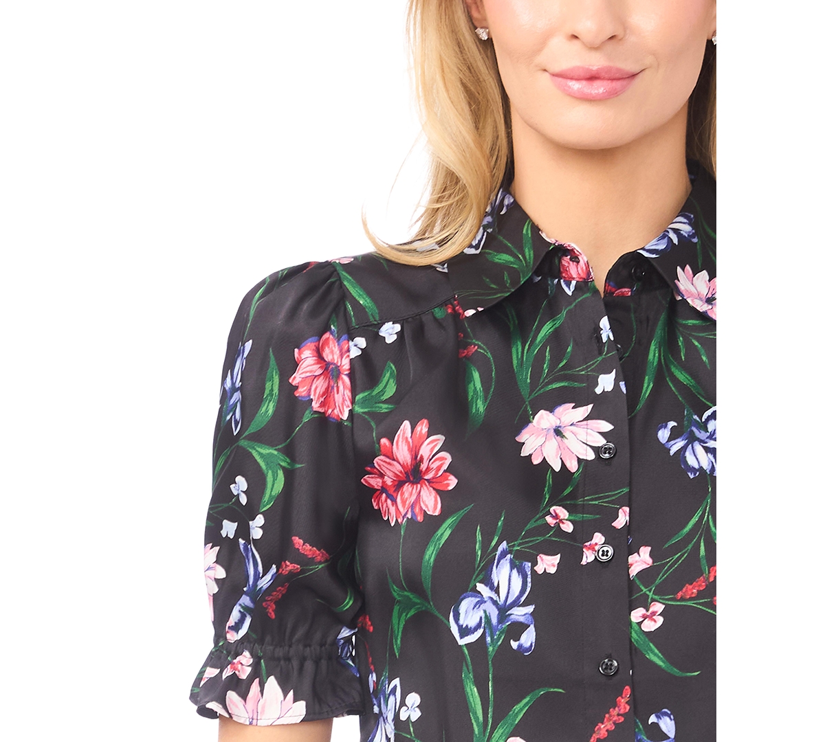 CeCe Women's Puff Sleeve Button Down Collared Top